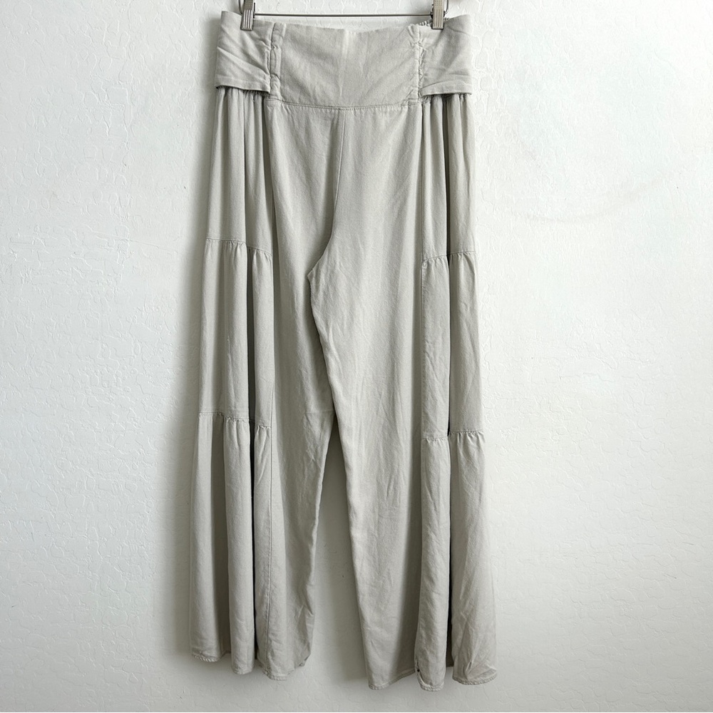 Happily Grey Pants XL Wide Leg Palazzo Tiered Tie Waist Linen Blend Oatmeal - Picture 6 of 11